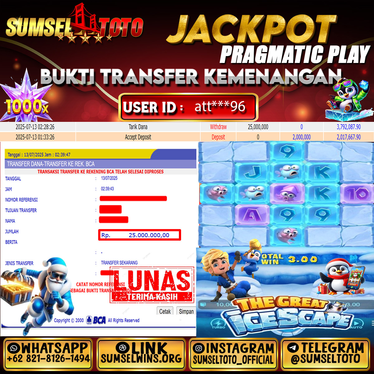 SUMSELTOTO JACKPOT THE GREAT ICESCAPE Rp.25,000,000.,- LUNAS